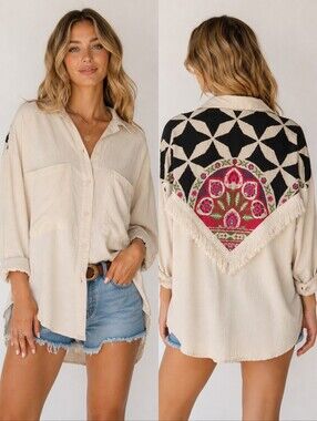 Touché Boho Fringe Back Button Down Shirt Cream Black Floral Size Large